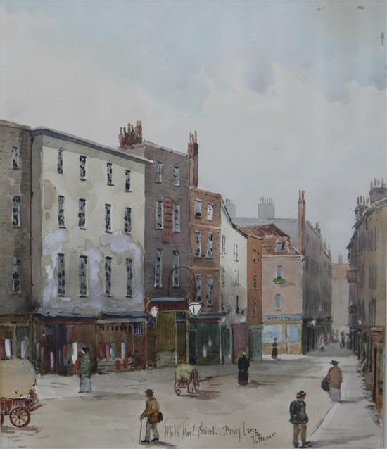 T G Fraser, a set of four watercolours, Views of London, White Hart Street, Middle Temple Lane, Holywell Street largest 25 x 21cm
